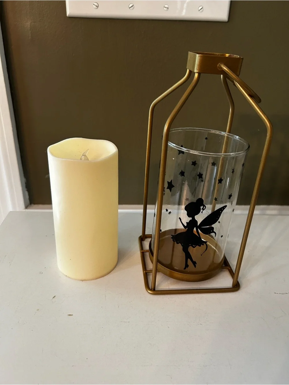 Gold Metal Lantern with Fairy Candle - Cream battery operated Candle